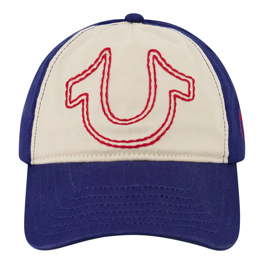 True Religion Big Horseshoe Embroidered Dad Cap with 5 Panel Cotton Twill,Navy